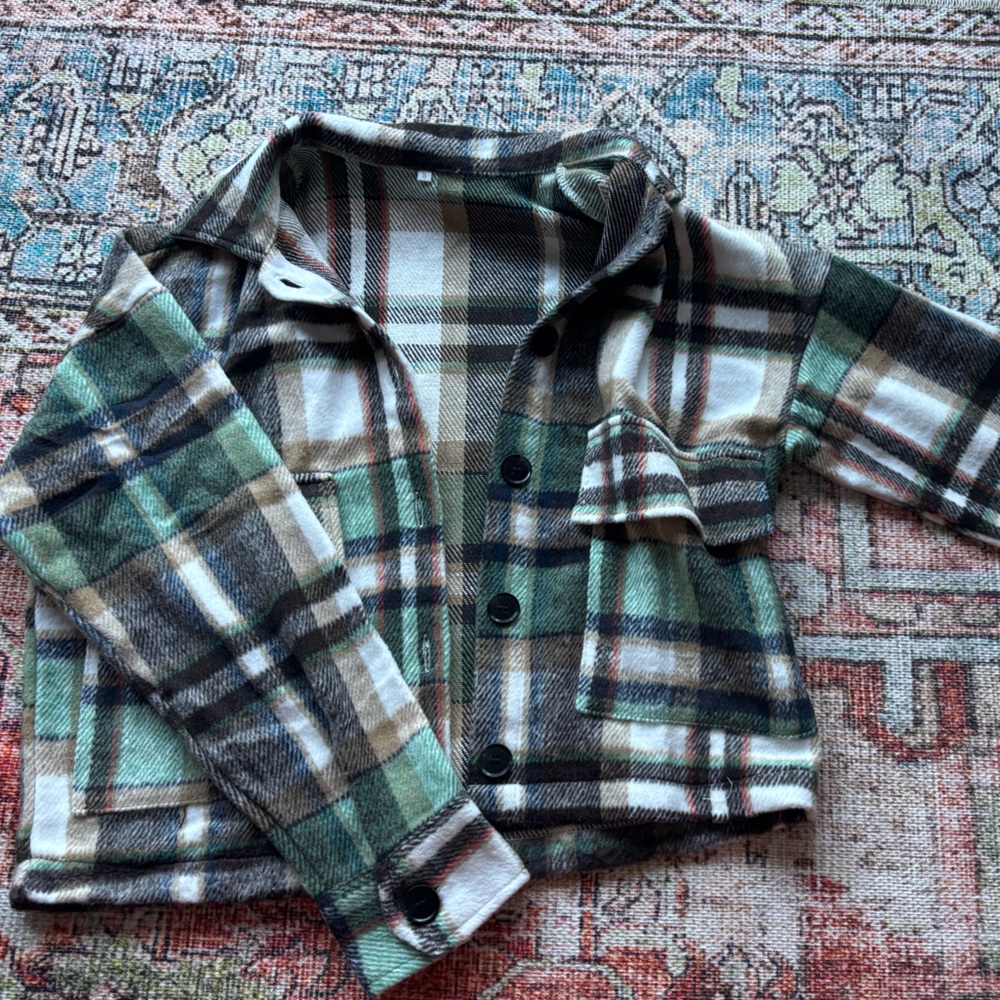 Green and Cream Plaid Button-Up jacket